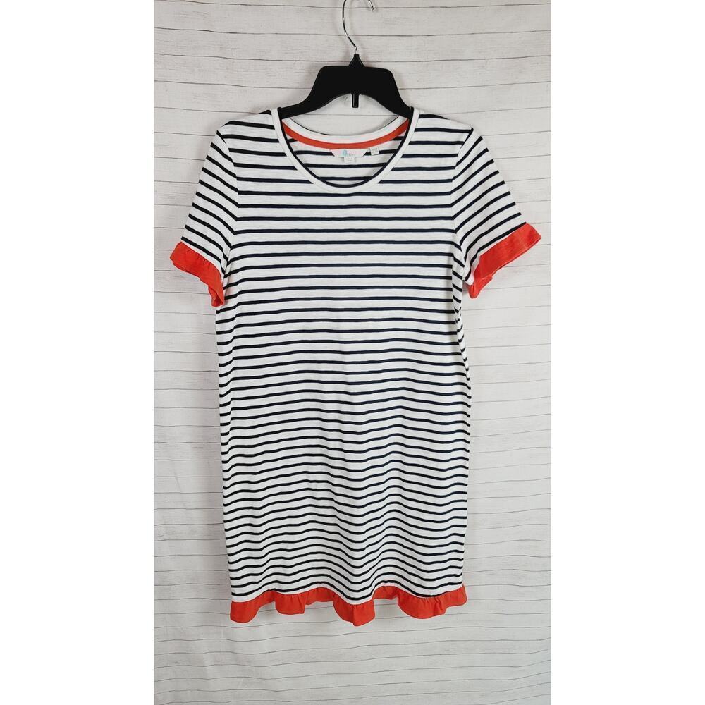 BODEN Emily Ruffle Trim Cotton Dress in Navy Stripe, sz 8
